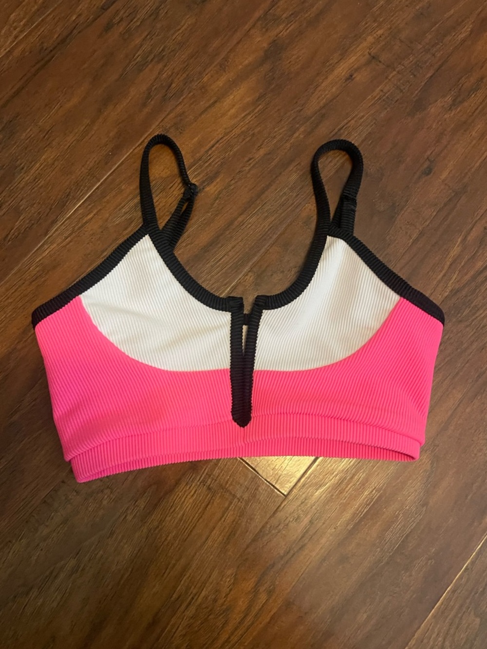 Girls' Pink & White Ribbed Sports Bralette with Black Trim